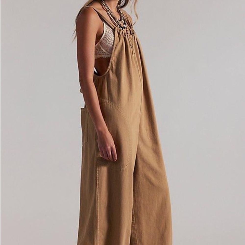 We The Free, Freebird Tan Wide-Leg Drawstring Jumpsuit